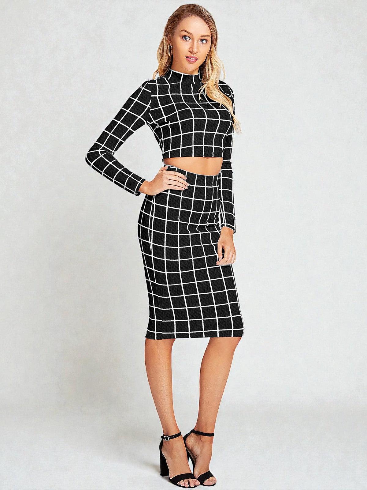 Mauve Grid Print Crop Top & Skirt Co-ord Set [3 Color]