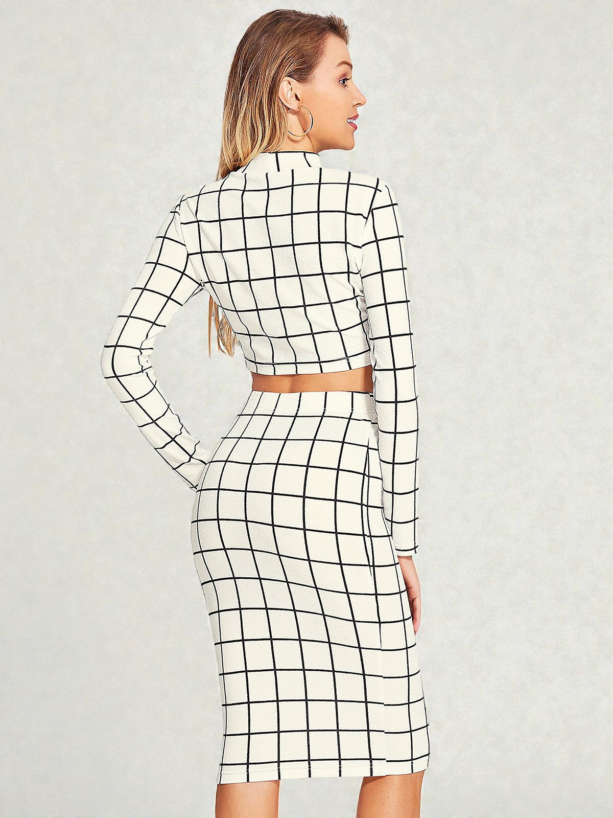 Mauve Grid Print Crop Top & Skirt Co-ord Set [3 Color]