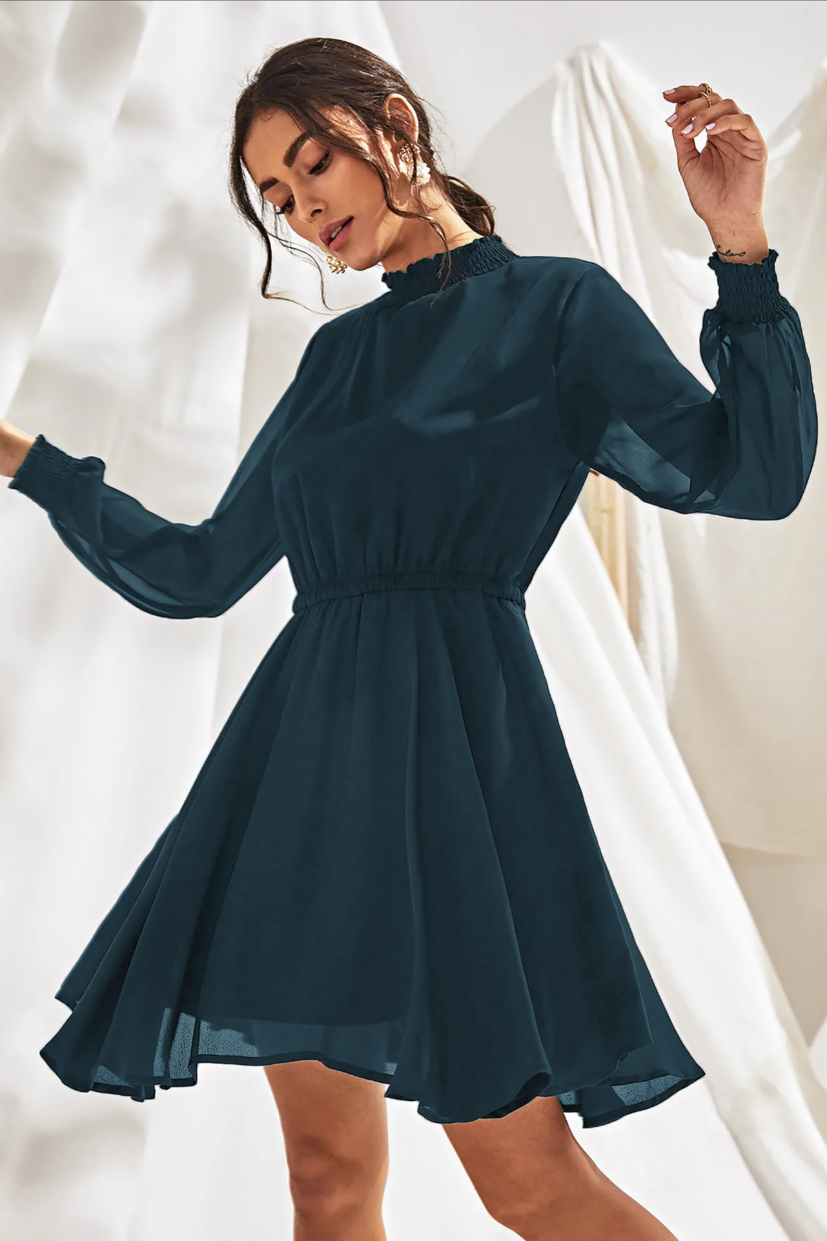 High-Neck Long Sleeve Chiffon A-Line Mini Skirt [4 Colors]